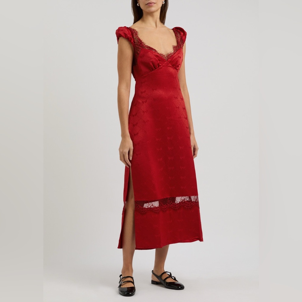 Free People Red Lace-Trim Midi Slip Dress